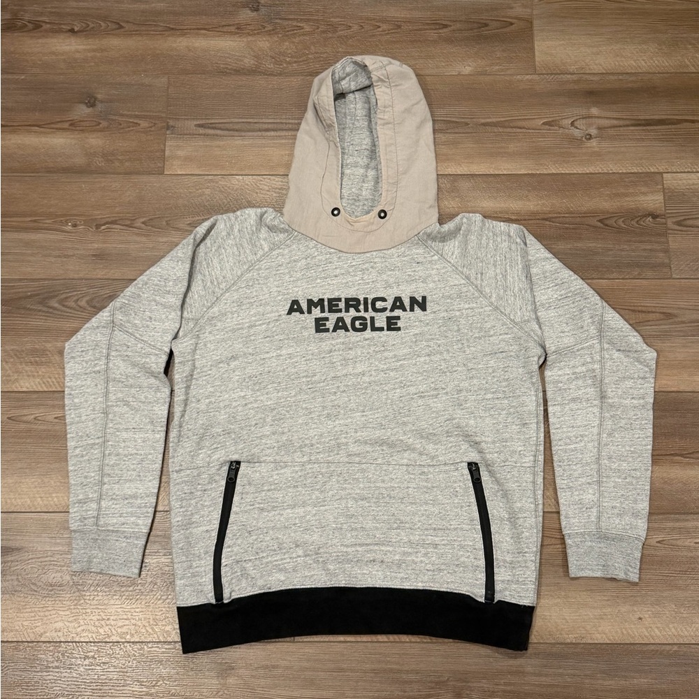 American Eagle 2-Tone Grey Hoodie Medium 100% Cotton Double Zip Pouch